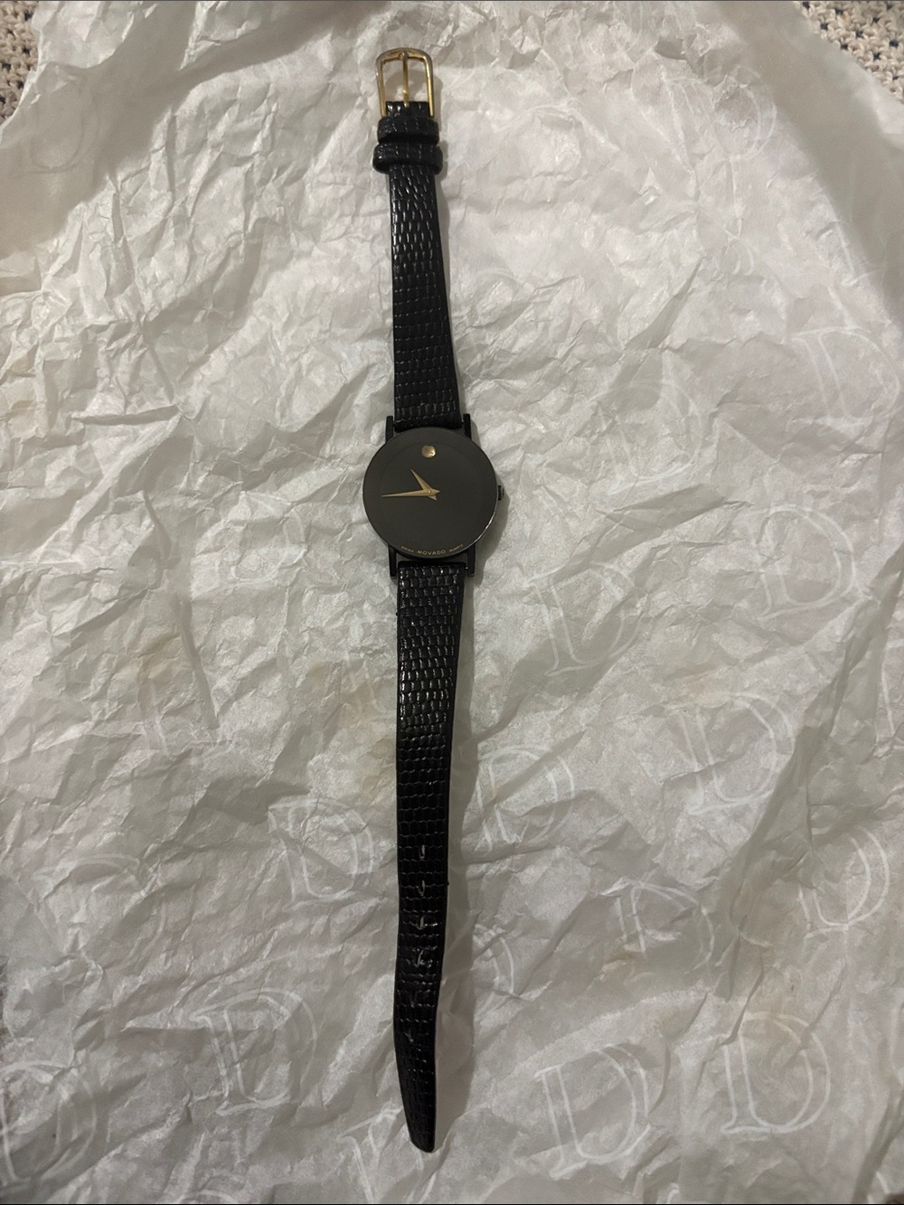 Movado Black Watch with Gold Hands - Picture 2 of 9
